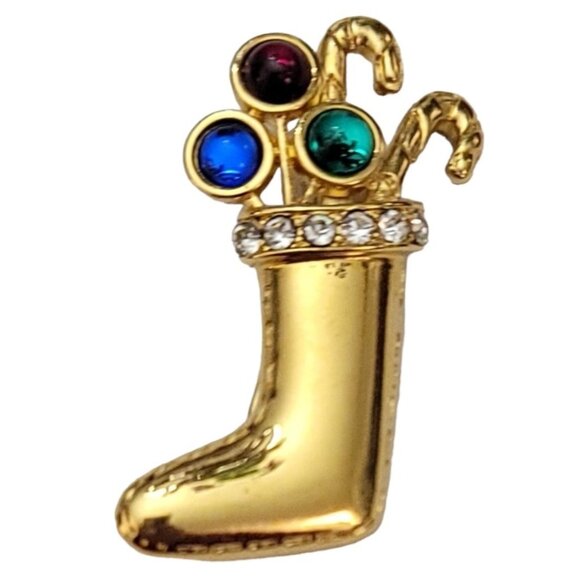 Monet Gold Tone Rhinestone Christmas Stocking Brooch Pin, Signed M749 - Picture 1 of 6